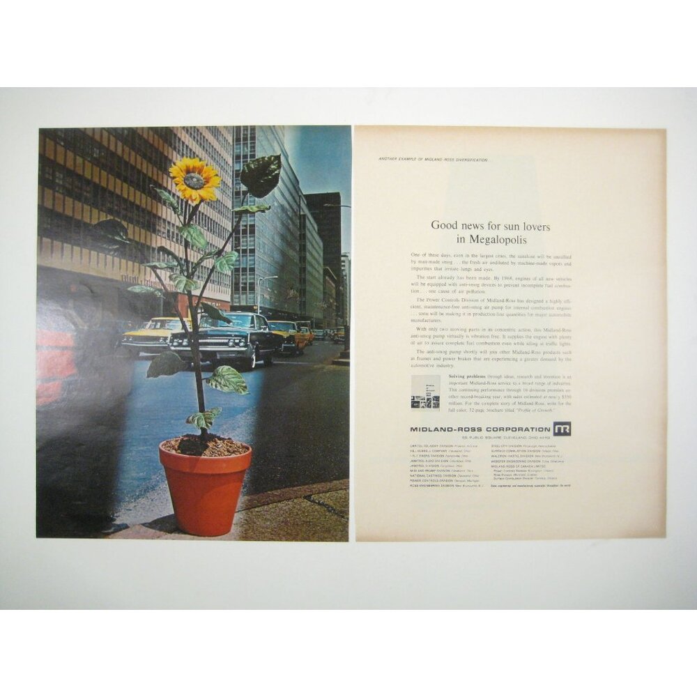 Mid Century Midland Ross Corp Sunflower 2 Page Print Ad 1960s Car City Building